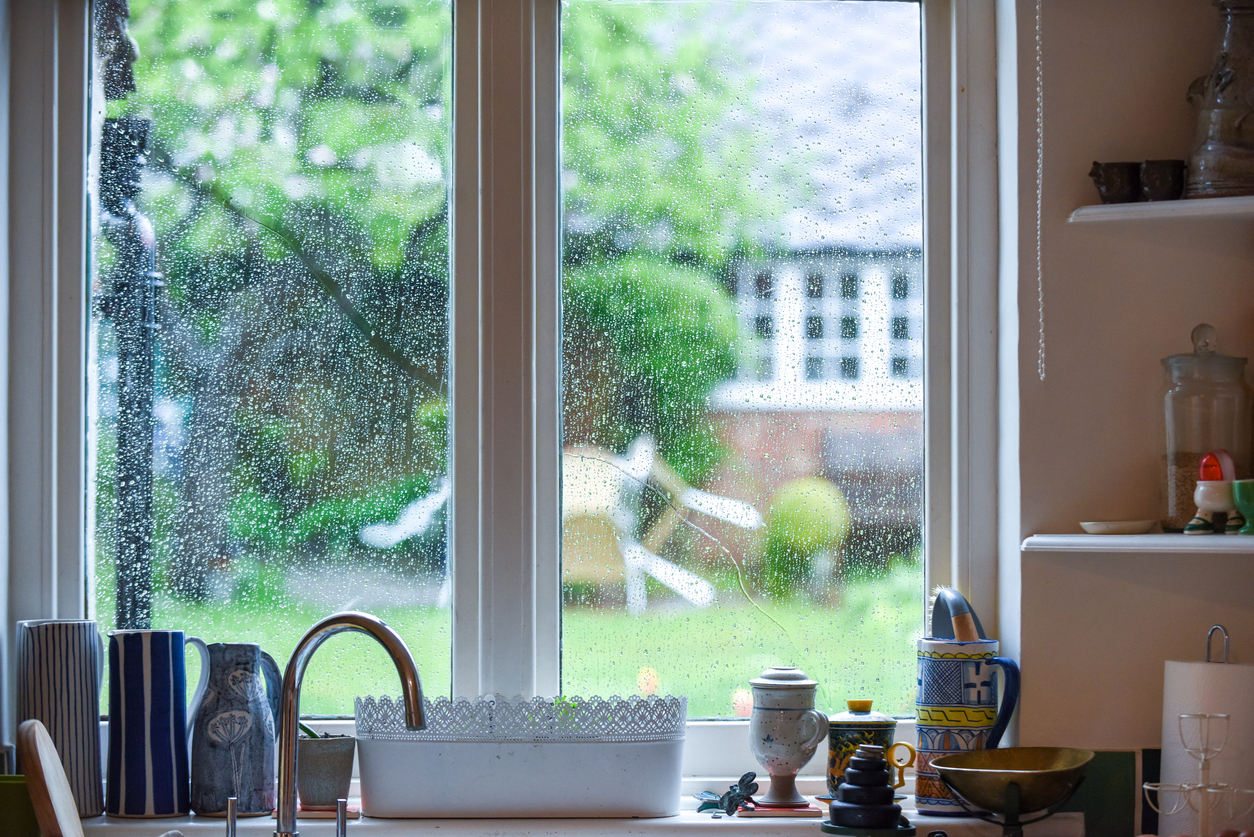Clean kitchen with natural light revealing dust on window