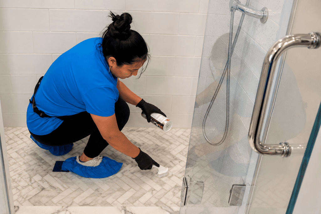 First cleaning costs more because professional cleaners perform detailed bathroom cleaning before recurring service begins