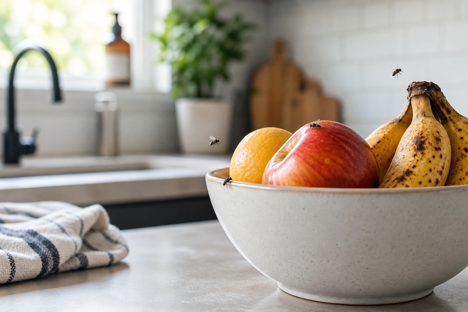 get rid of flies naturally by removing fruit and food sources in kitchen